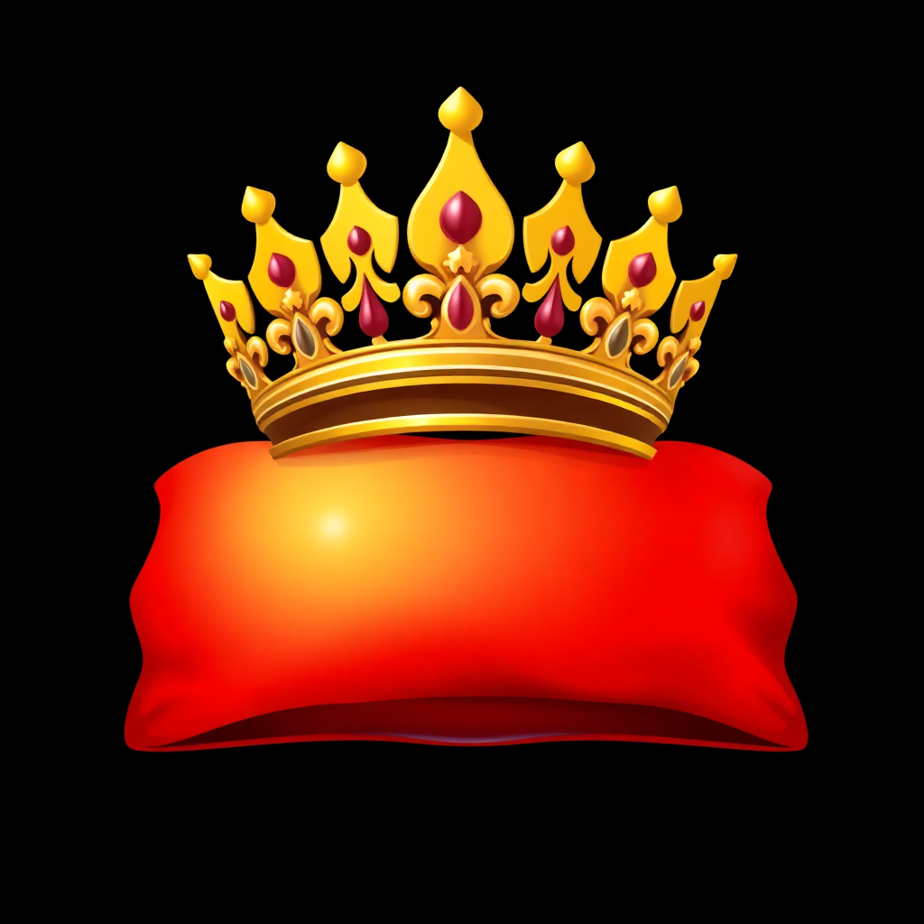 Illustration of a red velvet pillow supporting a lavish golden crown, highlighting the dichotomy of softness and resolute power with vivid realism.