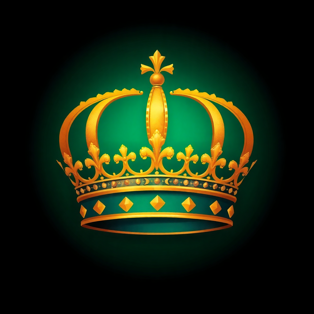 Abstract crown with vivid gold embellishments seamlessly blending with a deep emerald green background, creating an artistic interpretation of kingship.