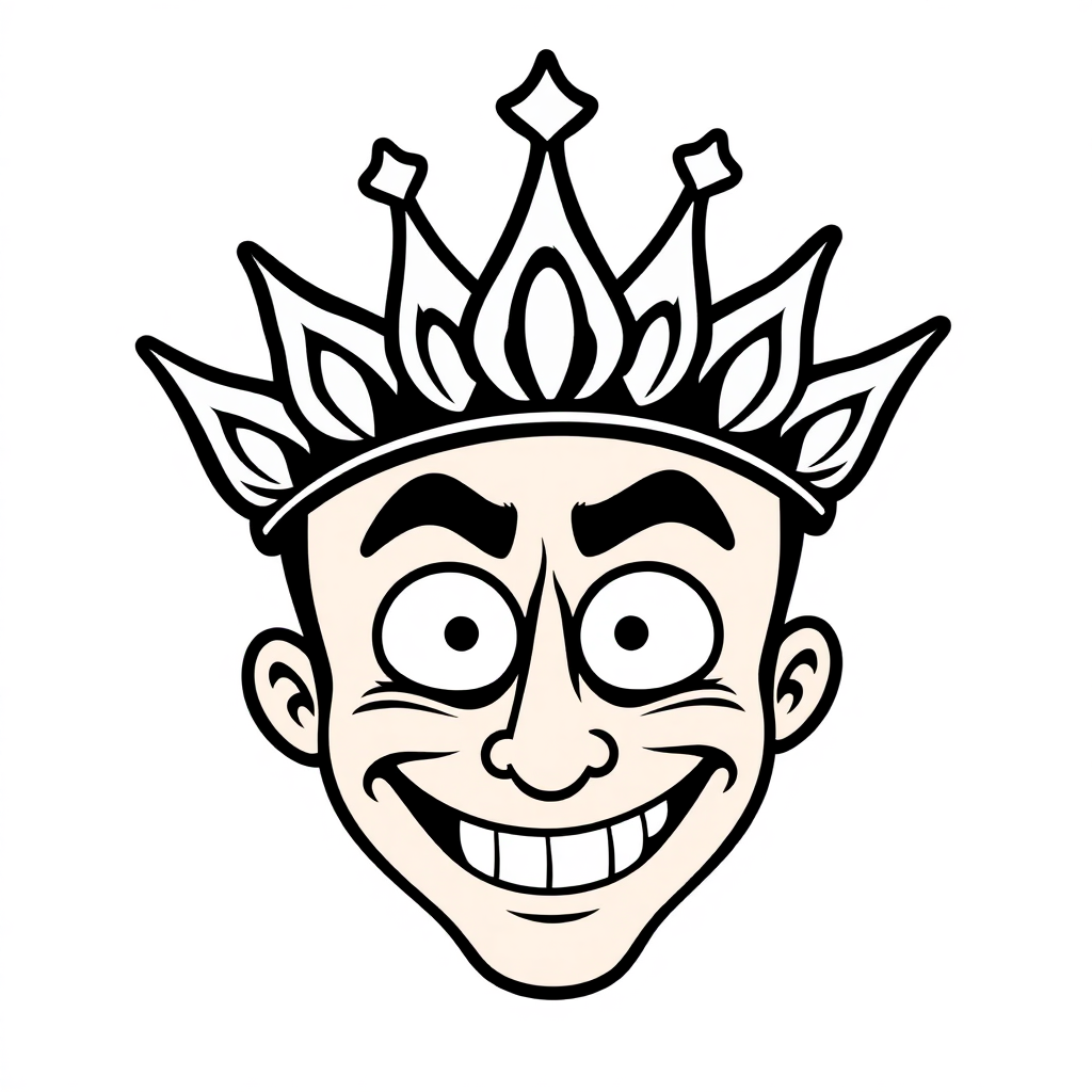 An oversized comic-styled crown, exaggerated features boldly outlined in black, delivering a sense of humor and charm with its playful depiction.