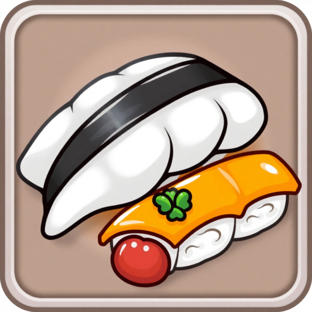 The image shows a sushi roll with a cherry on top of it, set against a brown background. The sushi roll is animated, giving it a lively and vibrant look.