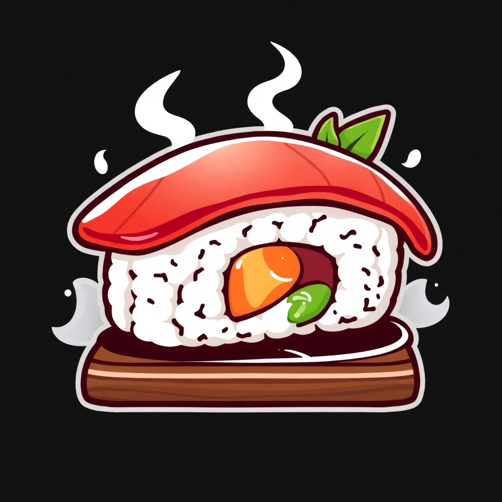 The image shows a sushi roll on a wooden cutting board with a black background. The sushi roll is animated, giving it a lively and vibrant look.