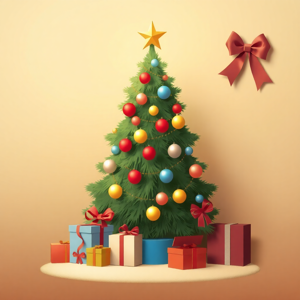 The image shows a Christmas tree decorated with colorful balls, stars, and ribbons, surrounded by several gift boxes, all set against a cream-colored background.