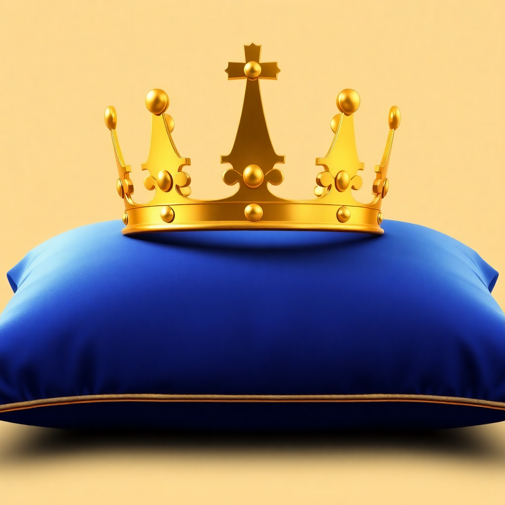 A high-resolution photograph of a velvet pillow with a shiny golden crown resting atop, the setting evokes themes of power and ceremonial grandeur.