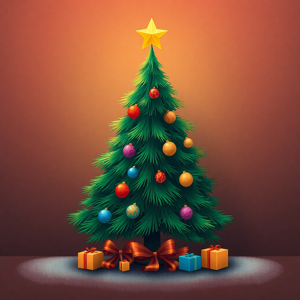 The image shows a Christmas tree decorated with colorful balls, ribbons, and a star on top, surrounded by gift boxes on a brown background.