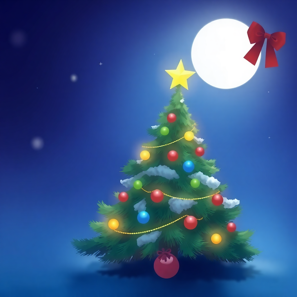 The image shows a Christmas tree decorated with colorful balls, stars, and a red bow, illuminated by the light of a full moon in the night sky.