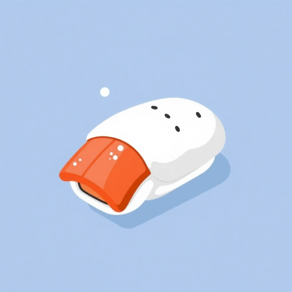 The image shows a white and orange sushi roll on a blue background. The sushi roll is animated, giving it a lively and vibrant look.