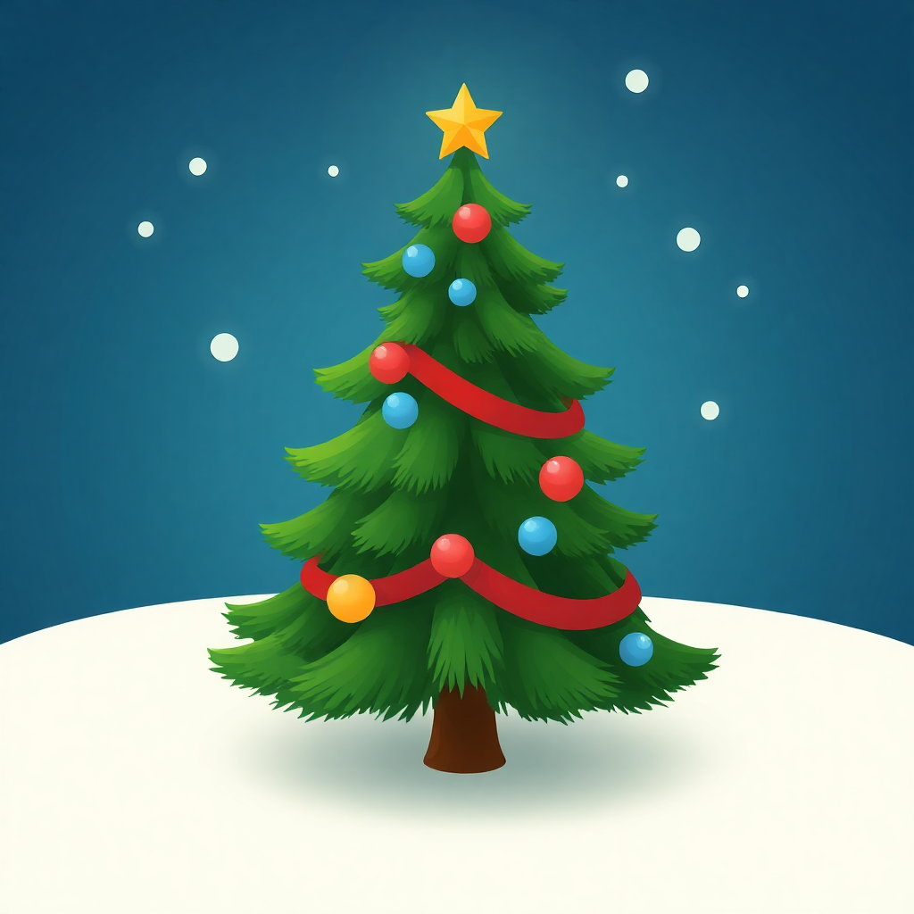 The image shows a Christmas tree decorated with colorful balls and a star on top, standing on a white surface with a blue background and white dots.