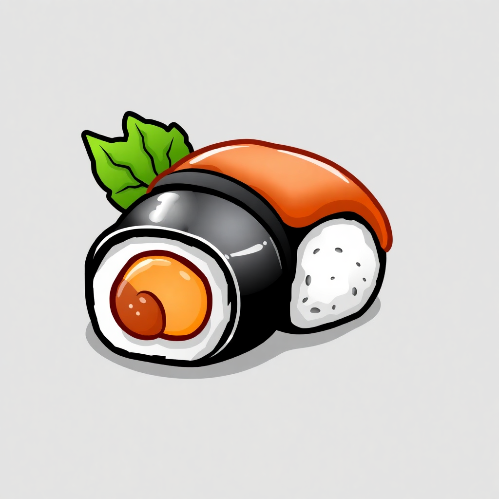 The image shows an animated sushi roll with a green leaf on top of it against a white background.