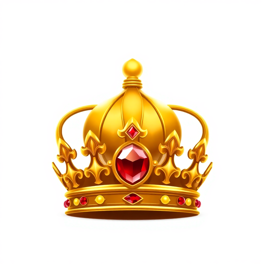 A traditional golden crown featuring a central red ruby, depicted with vibrant realism on a light backdrop for a dramatic and commanding presence.