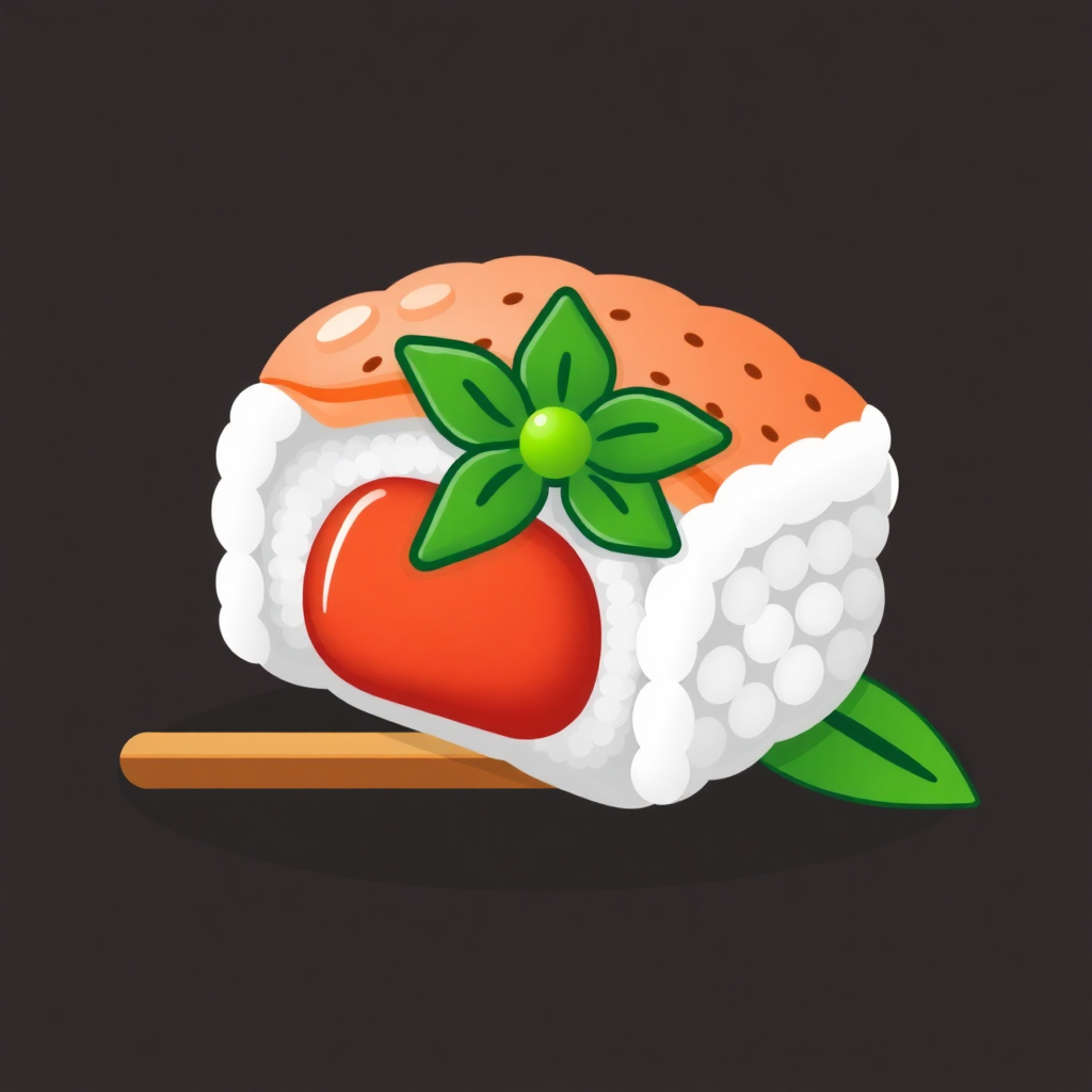 The image shows a sushi roll with a cherry tomato on top of it, sitting on a stick. The sushi roll is animated, giving it a lively and vibrant look.