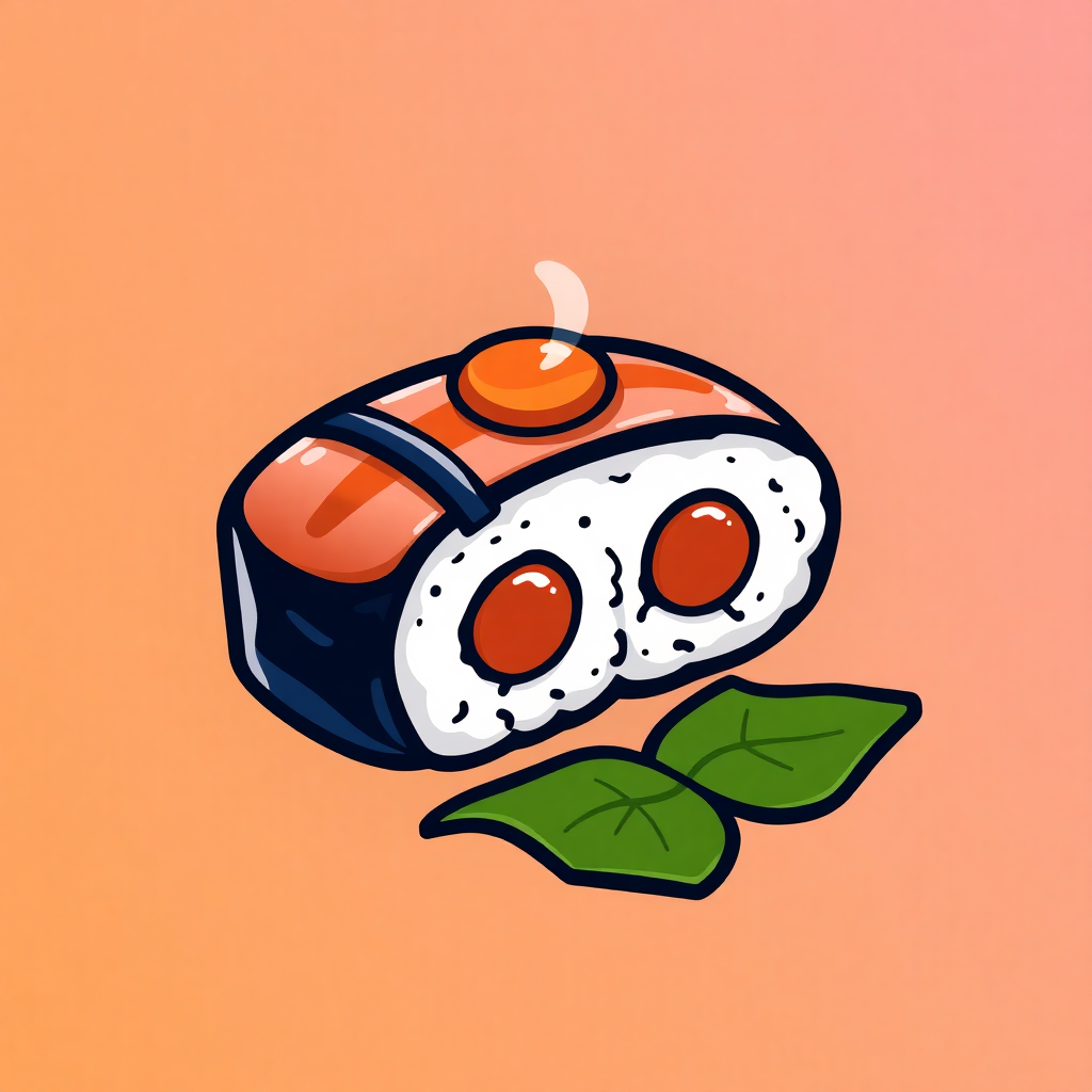 The image shows a sushi roll with two green leaves on an orange background. The sushi roll is animated, giving it a lively and vibrant look.