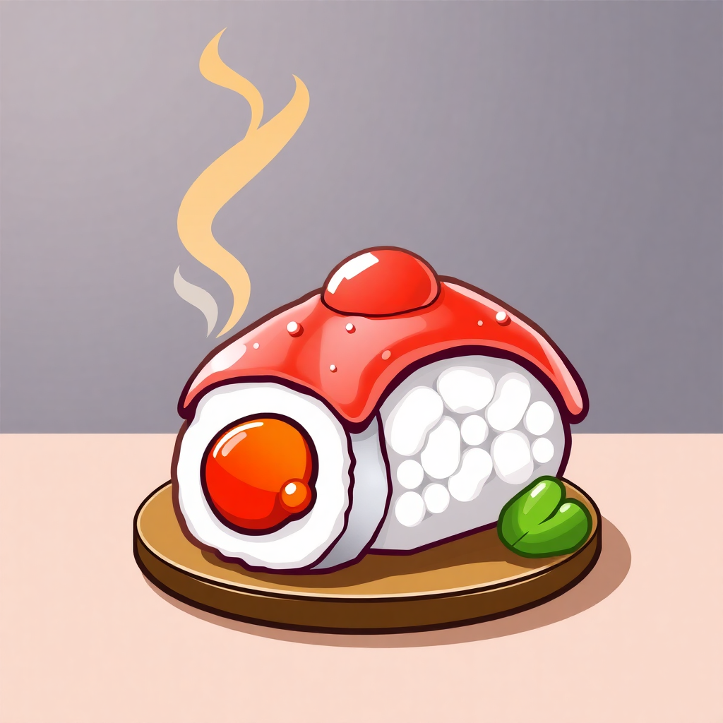 The image shows a sushi roll on a plate with smoke coming out of it. The sushi roll is animated, giving it a lively and vibrant look. The plate is a neutral color, allowing the sushi roll to stand out. The smoke adds a sense of movement and energy to the image.