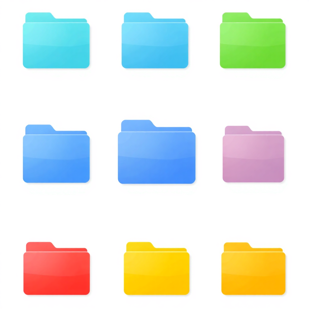 A set of digital folder icons in various colors like blue, green, red, and yellow on a white background, symbolizing organization.