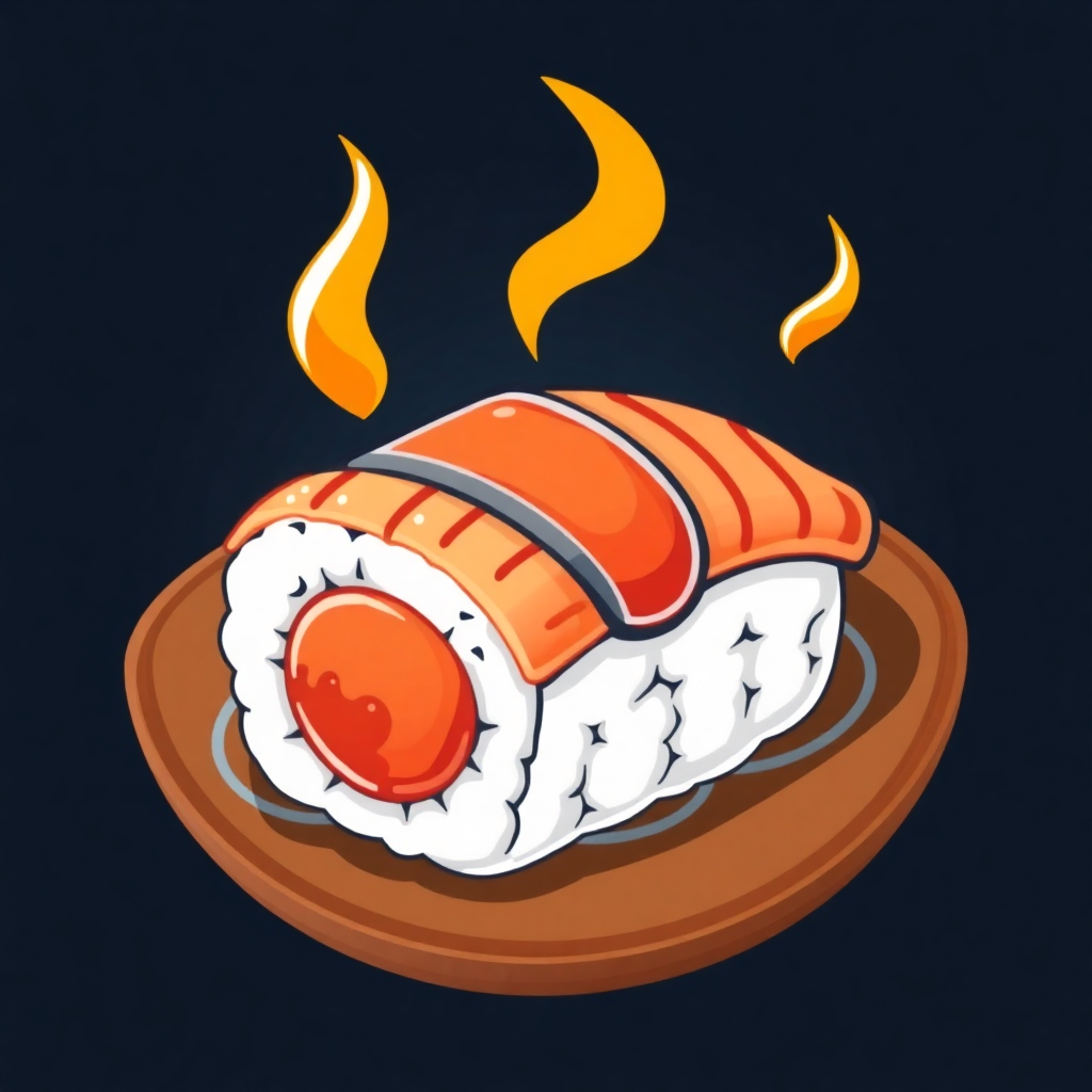 The image shows a sushi roll on a plate with flames coming out of it, set against a dark background. The sushi roll is animated, giving it a lively and vibrant look.