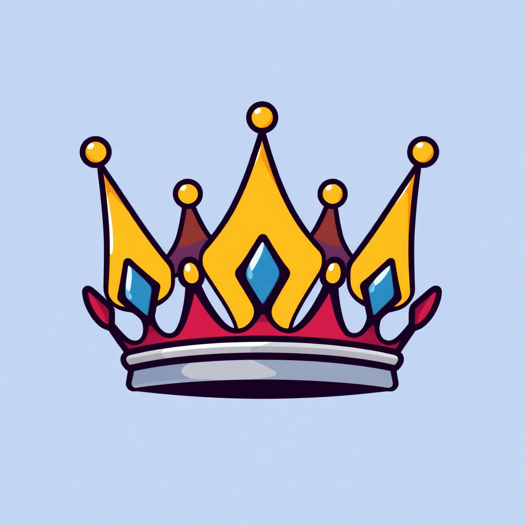 A cartoonish crown illustrated with bold colors and simple shapes, adding a playful and whimsical touch to the traditional symbol of authority.