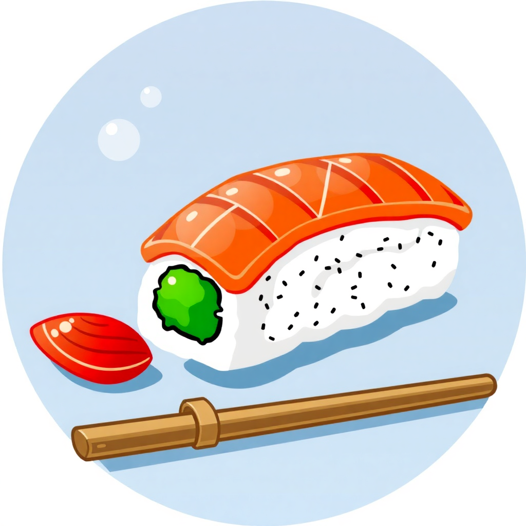 The image shows a sushi roll with chopsticks on a blue background. The sushi roll is animated, with the chopsticks resting on top of it. The background is a bright blue color, giving the image a vibrant and lively feel.