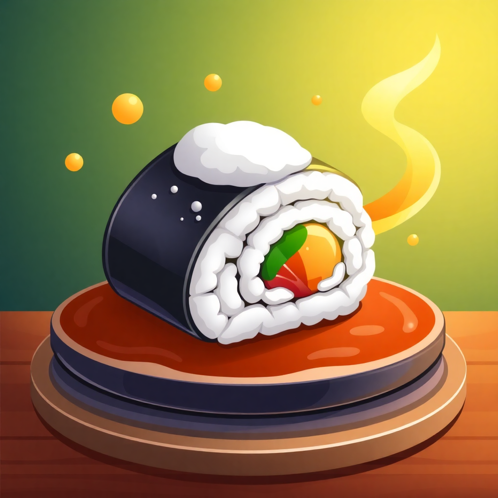 The image shows a sushi roll on a plate with a green background. The sushi roll is animated, giving it a lively and vibrant look.