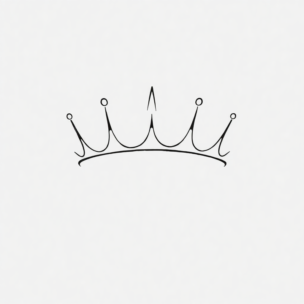 Simple line art crown, composed entirely of delicate black ink strokes, standing out sharply against a white canvas to emphasize minimalistic elegance.