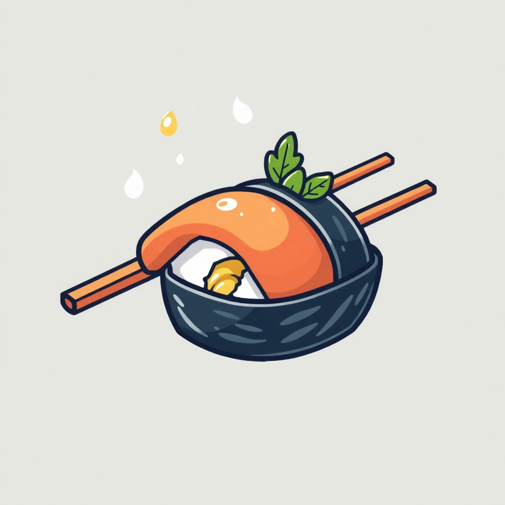 The image shows a bowl of sushi with chopsticks on top of it, set against a white background. The bowl is filled with a variety of sushi, including nigiri, maki, and sashimi, and is accompanied by a pair of chopsticks.