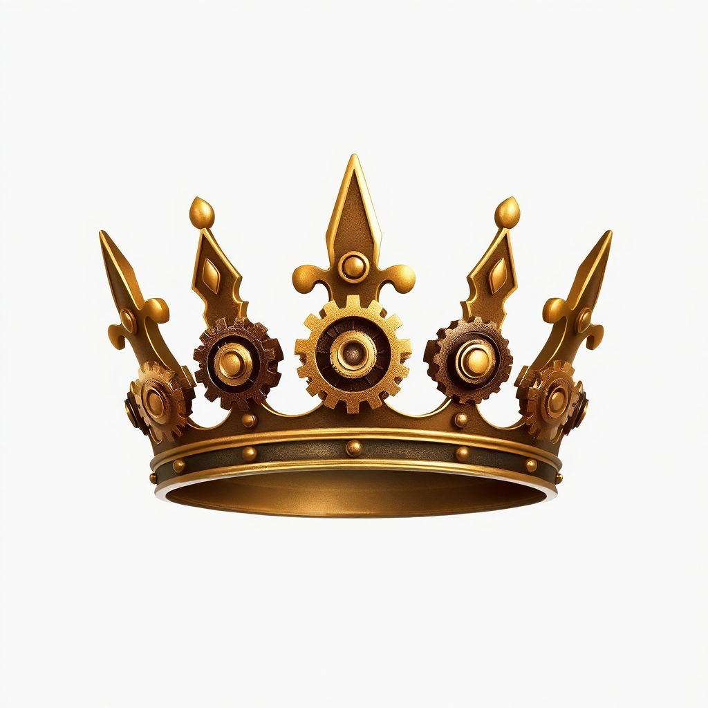 Steampunk-inspired crown icon adorned with gear and cog motifs, its metallic textures and brass tones suggesting both retro and futuristic royalty.