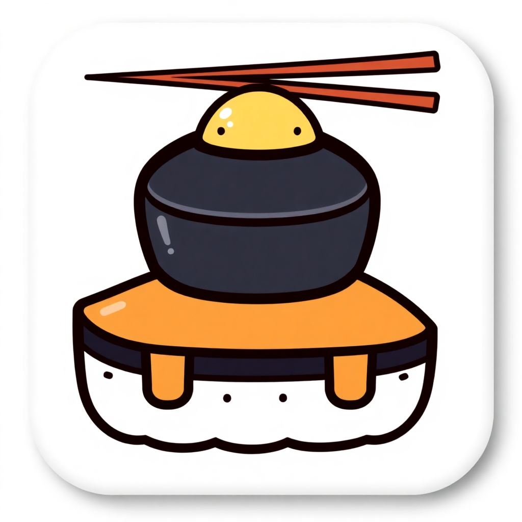 The image shows a sushi roll with chopsticks on top of it, set against a white background. The sushi roll is animated, giving the impression of movement.