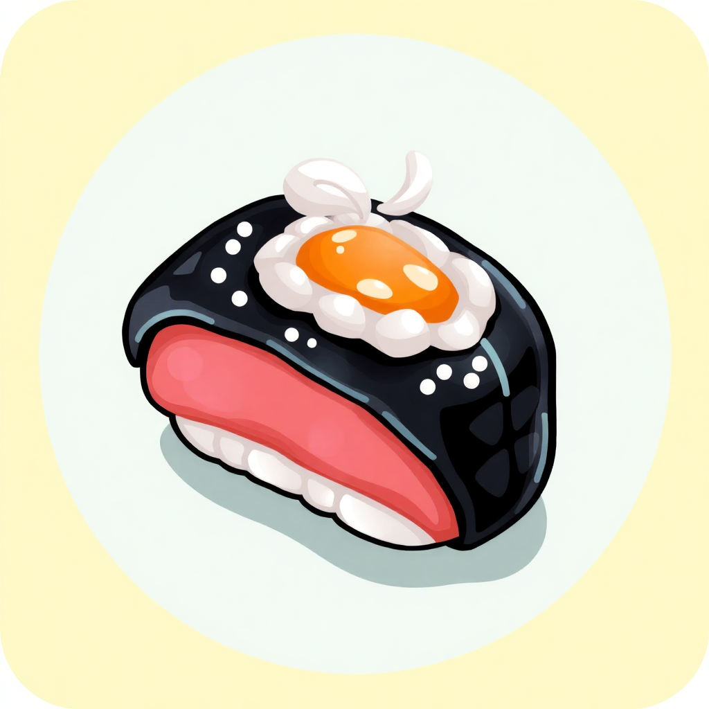 The image shows a piece of sushi on a plate with an egg on top. The sushi is animated, giving it a lively and vibrant look. The egg is a bright yellow color, adding a pop of color to the plate.