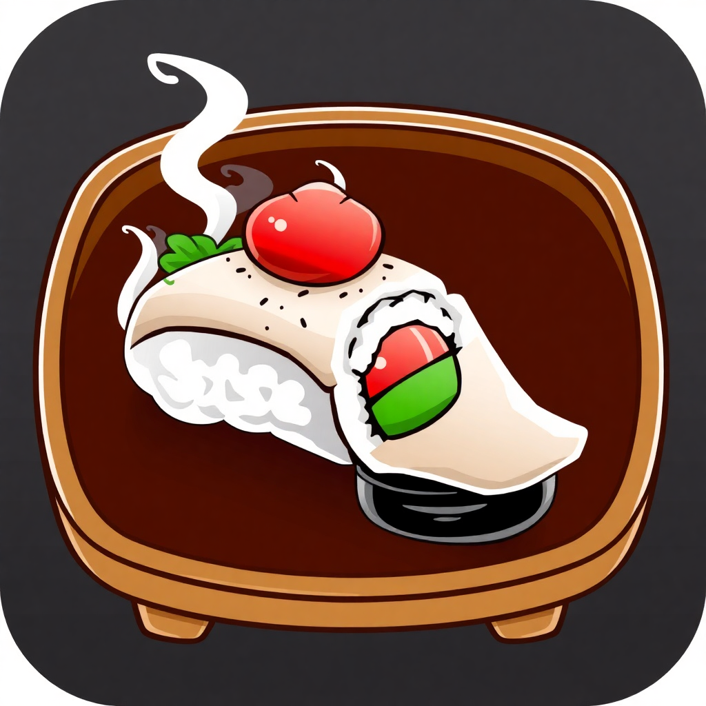 The image shows a sushi roll on a plate with a cherry on top, set against a black background. The sushi roll is animated, giving it a lively and vibrant look.