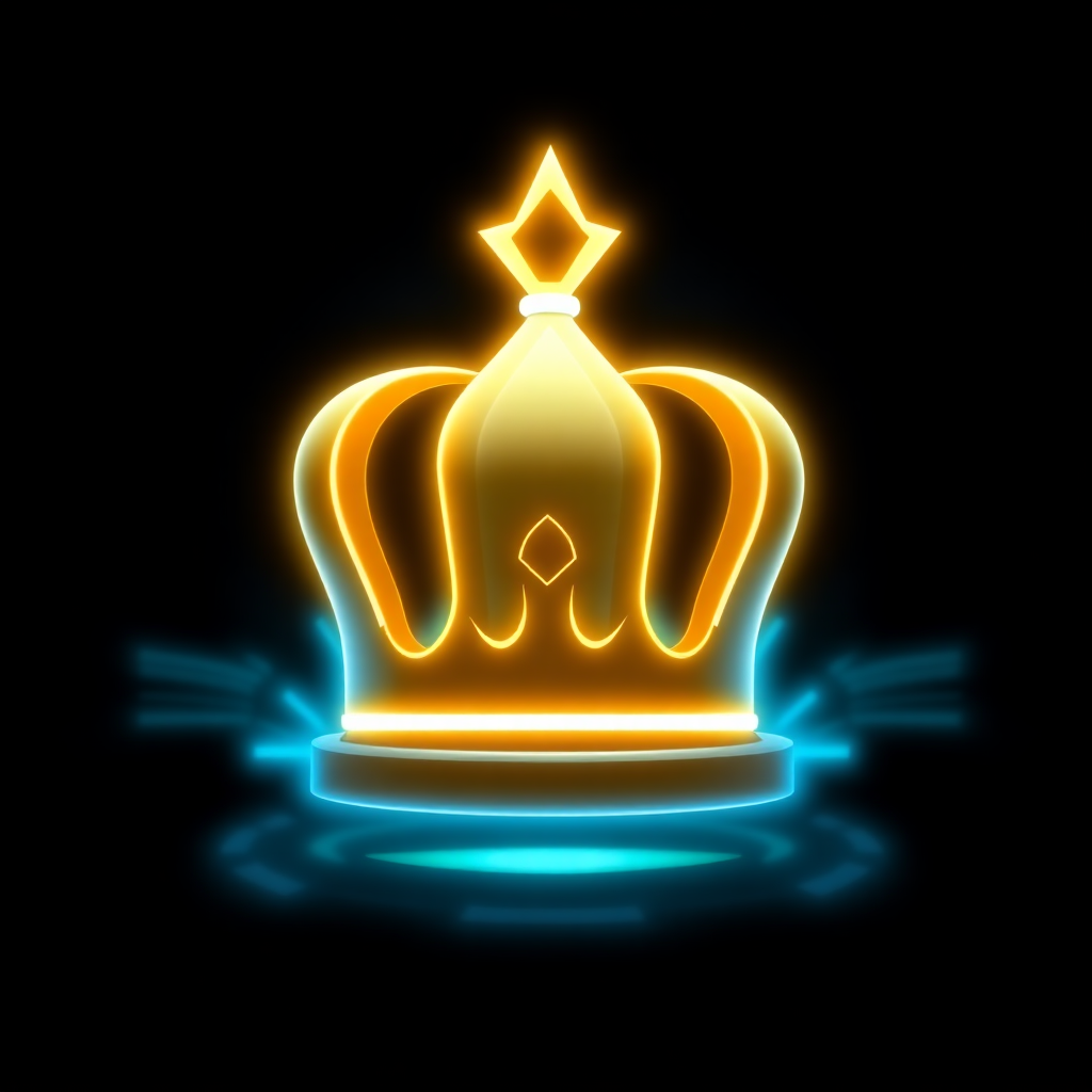 A high-tech animated glowing crown icon visualized with futuristic neon blue accents, suggesting advanced technology domination imagery.