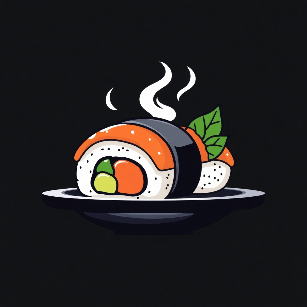 The image shows a plate with a sushi roll on it, set against a black background. The sushi roll is animated, giving the impression of movement.