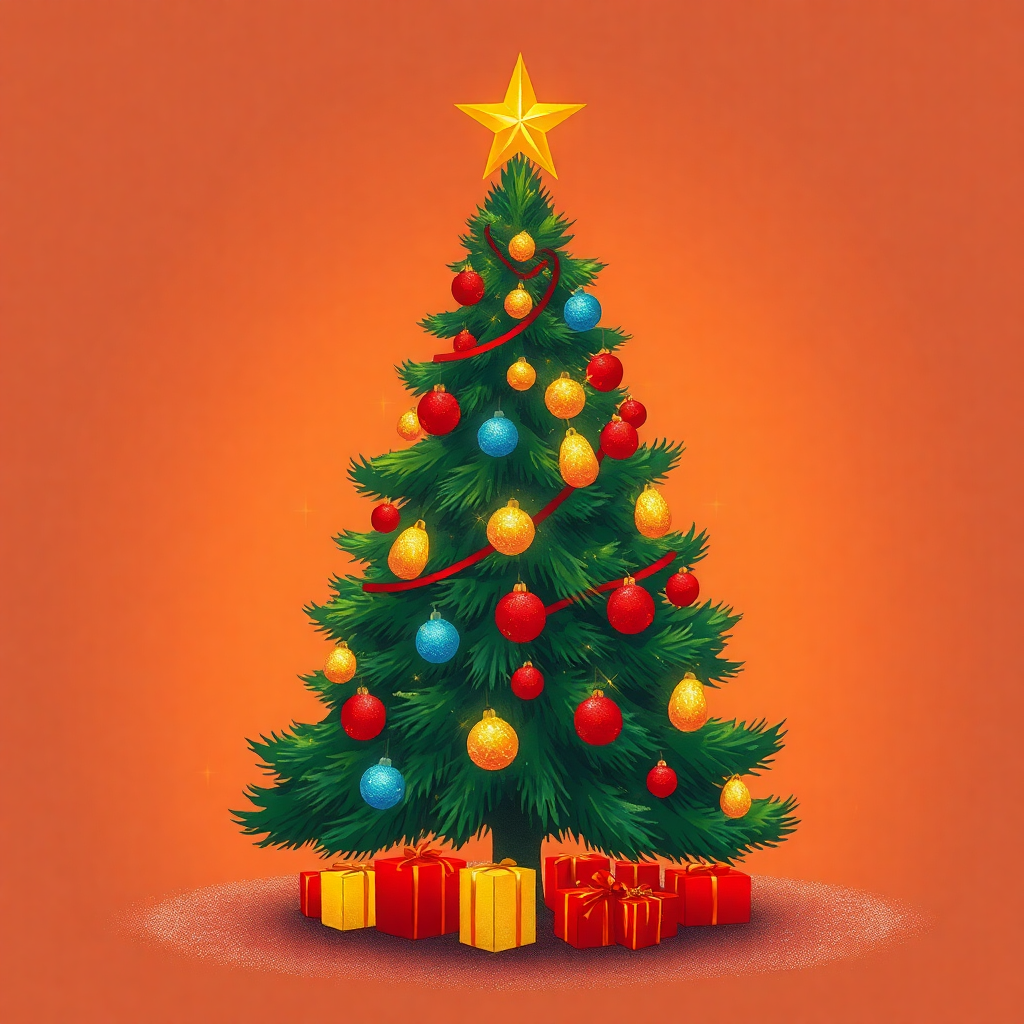 The image shows a Christmas tree decorated with colorful ornaments and a star on top, surrounded by gift boxes on an orange background.