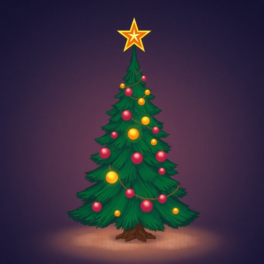 The image shows a Christmas tree decorated with colorful balls and a star on top, set against a purple background.