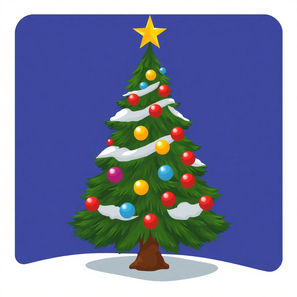 The image shows a Christmas tree decorated with colorful balls and a star on top, set against a blue background.