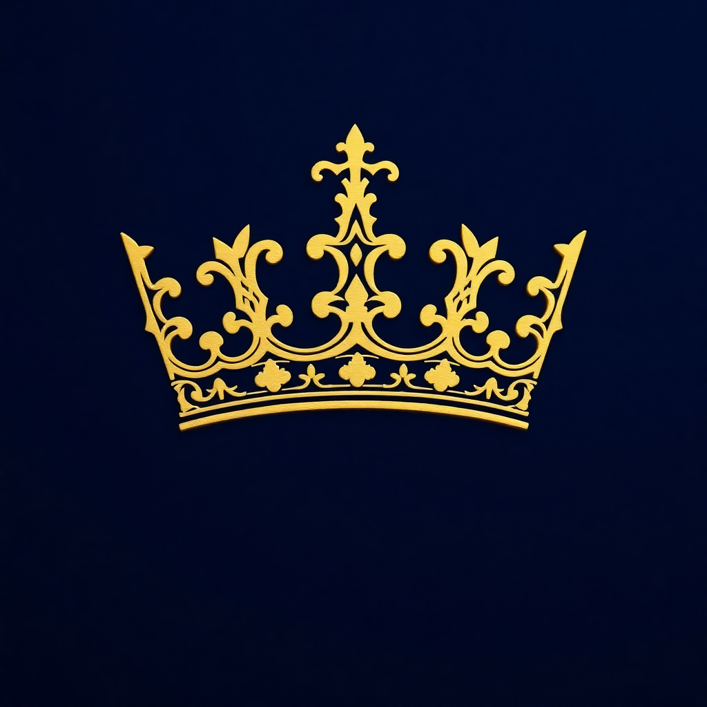 Golden crown, inspired by medieval designs, displayed on a deep navy blue surface, exuding sophistication through its ingenuity and craftsmanship.