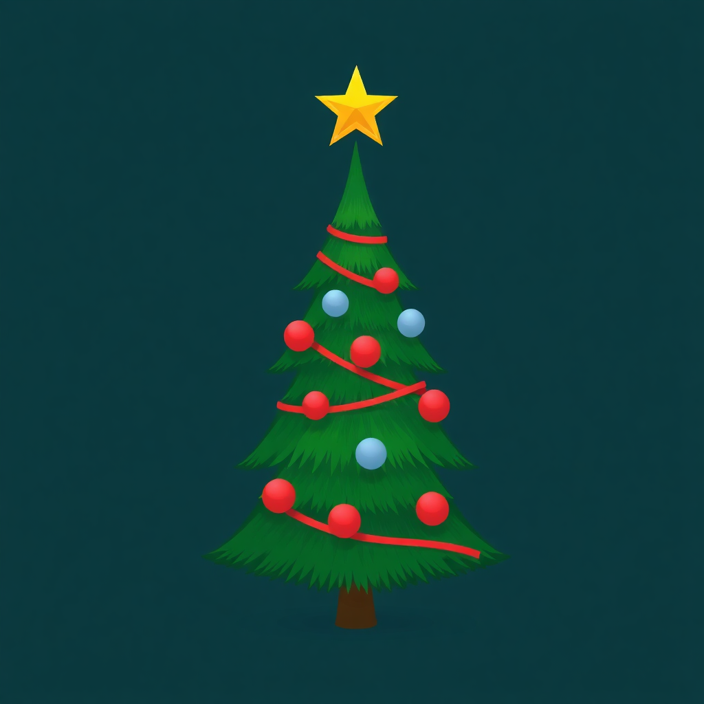 The image shows an animated Christmas tree with a star on top of it, decorated with colorful balls and other festive decorations.