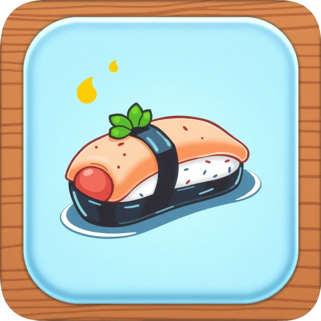 The image shows a sushi roll on a blue plate with a white background. The sushi roll is animated, giving it a lively and vibrant look.