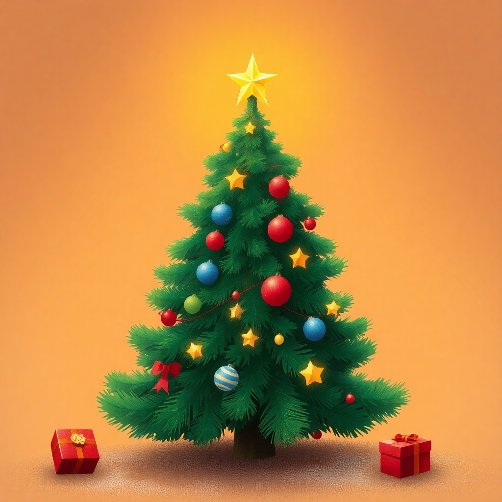 The image shows a Christmas tree decorated with colorful balls, stars, and other festive items, with two gift boxes on either side of it, set against an orange background.