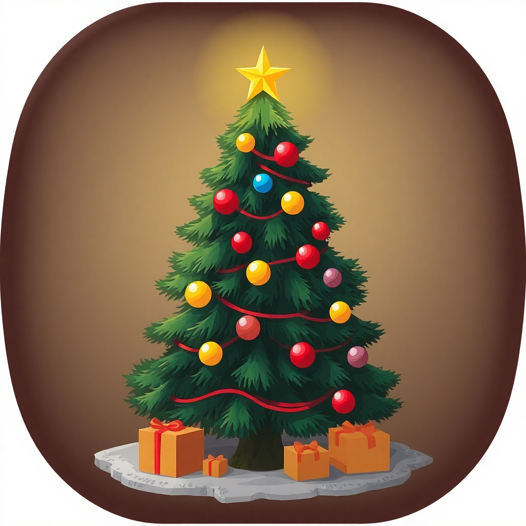 The image shows a Christmas tree decorated with colorful balls, ribbons, and a star on top, surrounded by gift boxes on a brown background.