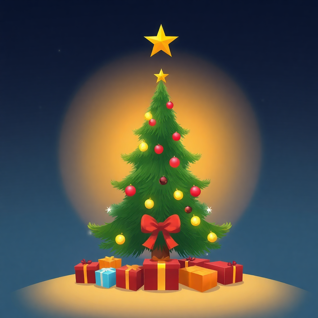 The image shows a Christmas tree decorated with colorful balls, stars, and a bow, surrounded by gift boxes on a blue background with a moon in the sky.