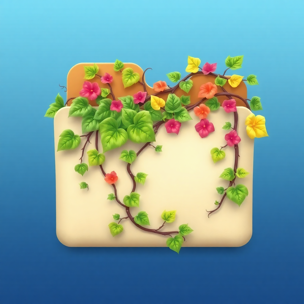 A charming folder icon covered in virtual vines, symbolizing nature integration in digital storage solutions.