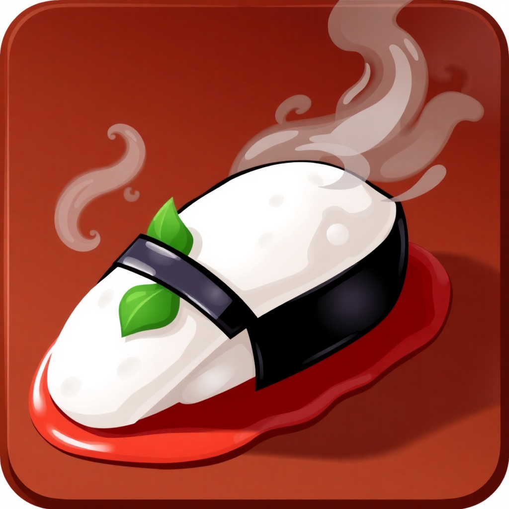 The image shows a sushi roll with smoke coming out of it on a red plate. The sushi roll is animated, giving it a lively and vibrant look.