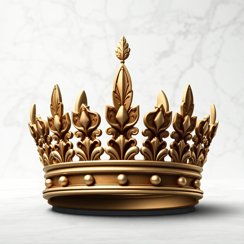 An ornate crown icon sculpted digitally to emphasize antique Roman influences, with leafy details symbolizing wisdom on a marble-toned background.