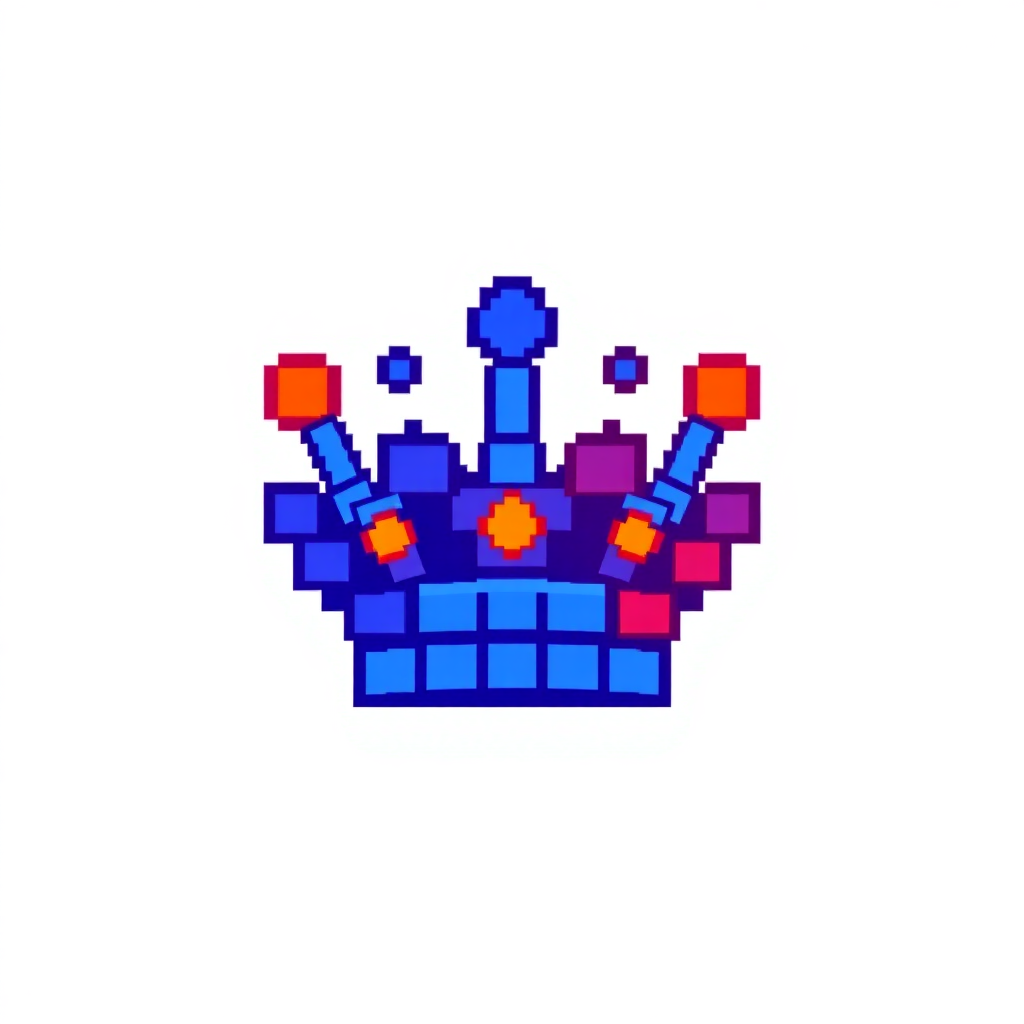 Simplified crown symbol using pixel art technique, its tiny squared edges forming a colorful representation fitting for digital or retro aesthetics.