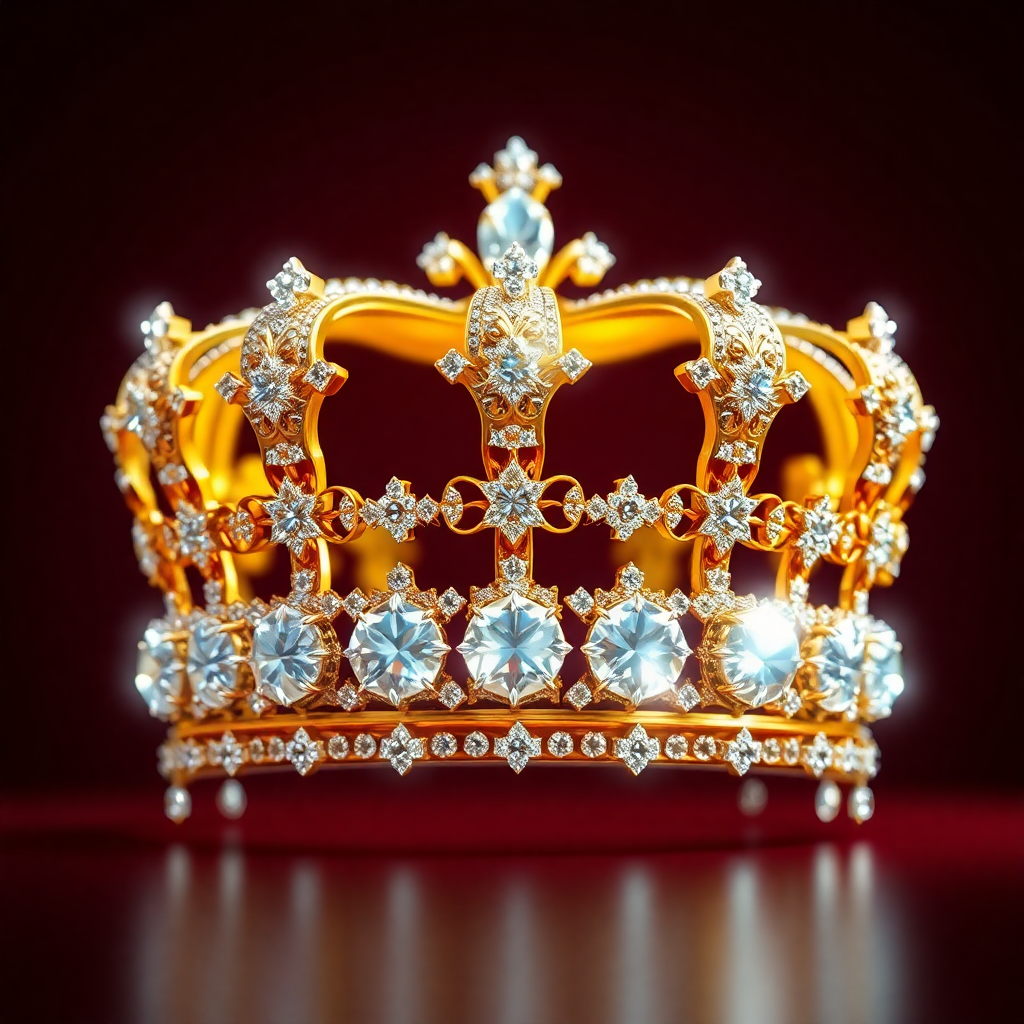 Diamond-encrusted golden crown depicted with luminous brilliance capturing the essence of opulence and heightened by a rich burgundy backdrop.