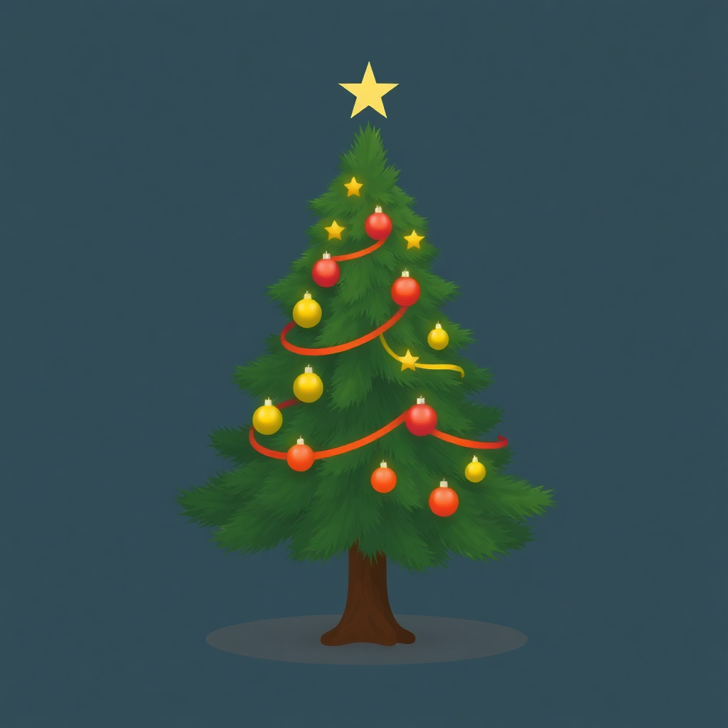 The image shows a Christmas tree decorated with colorful ornaments and a star on top, set against a blue background.