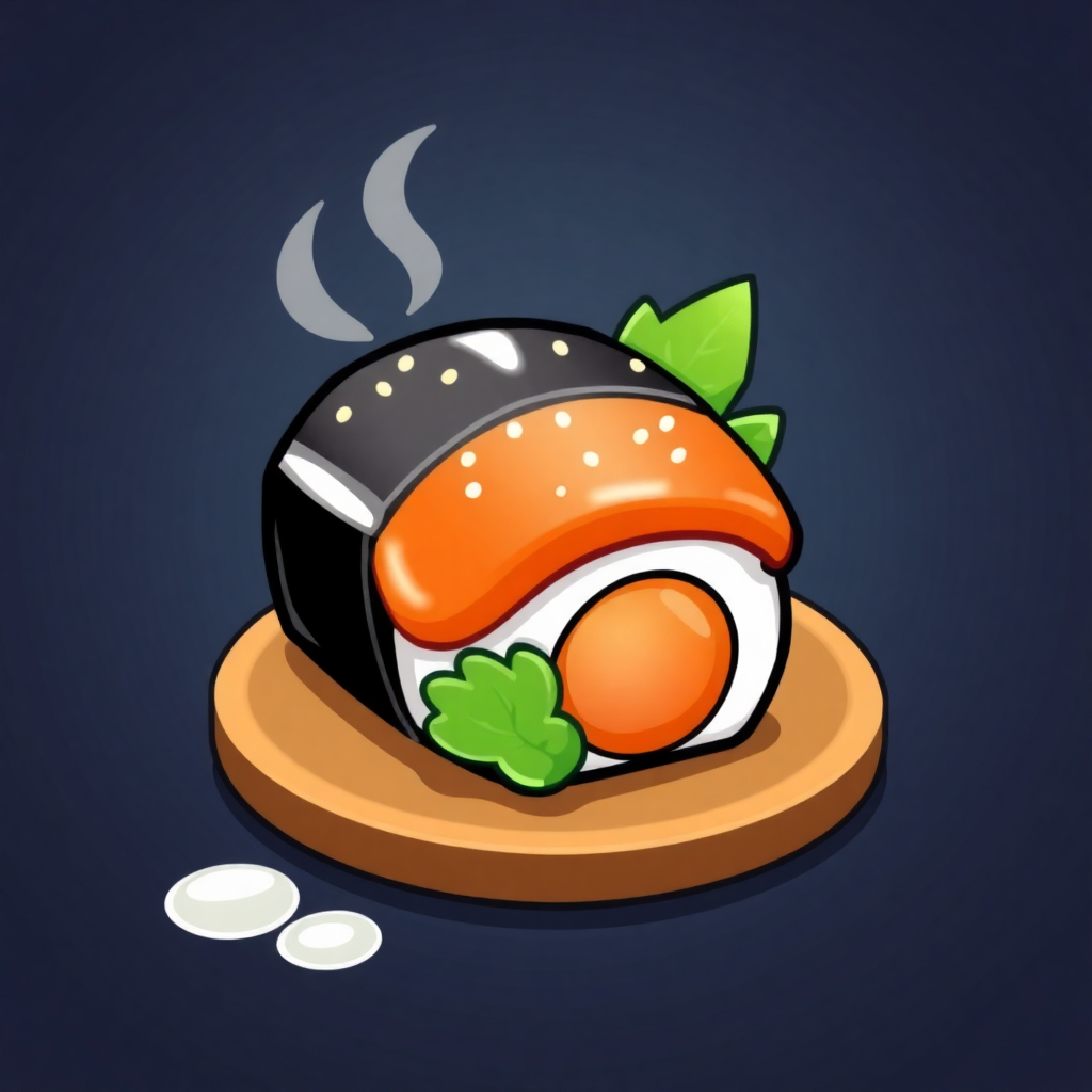 The image shows a sushi roll on a wooden plate with smoke coming out of it, set against a dark background. The sushi roll is animated, giving it a lively and vibrant look.