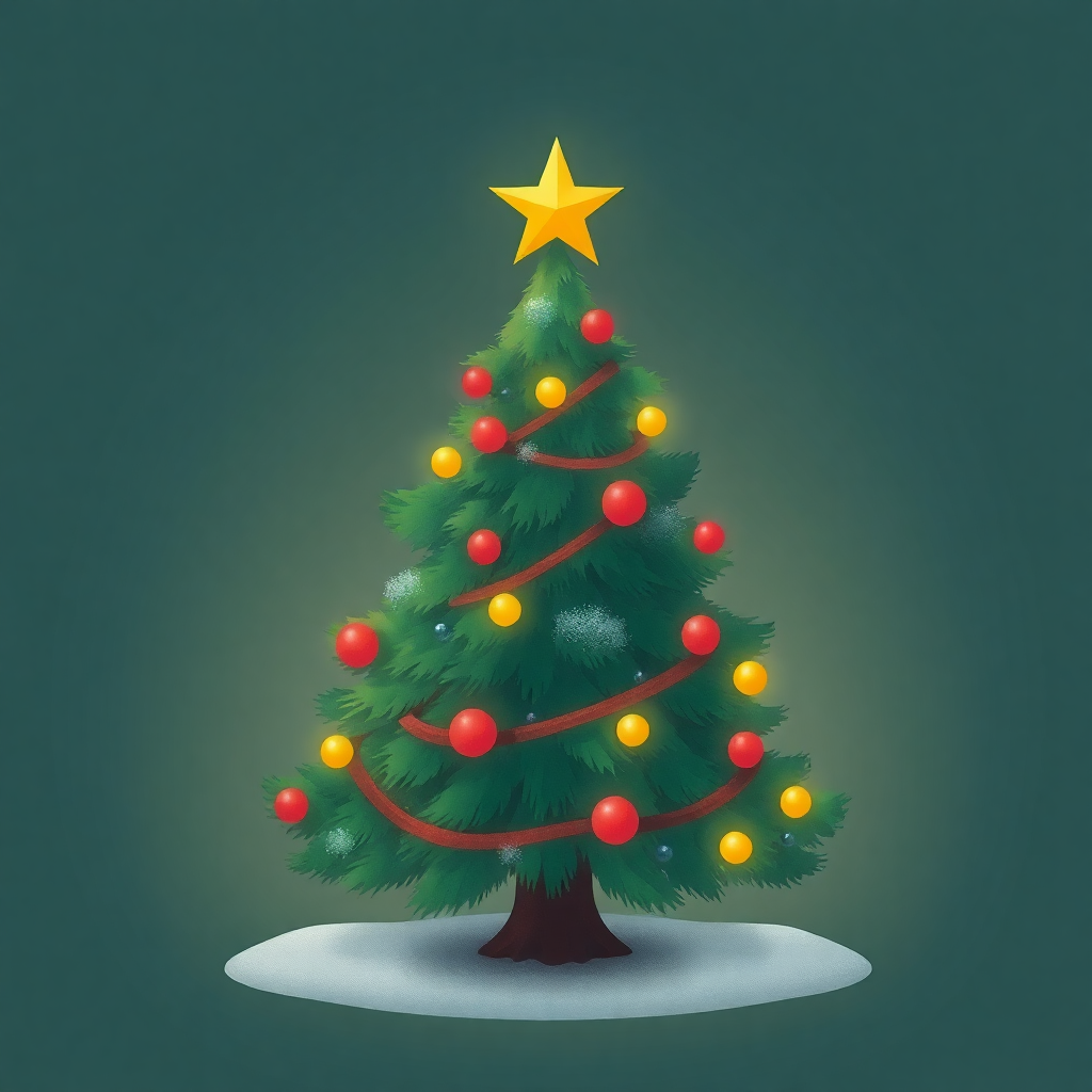 The image shows a Christmas tree with a star on top of it, decorated with colorful balls and other festive items, set against a green background.