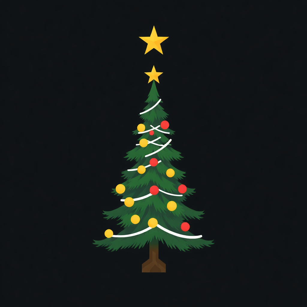 The image shows a Christmas tree decorated with lights and a star on top, set against a black background.