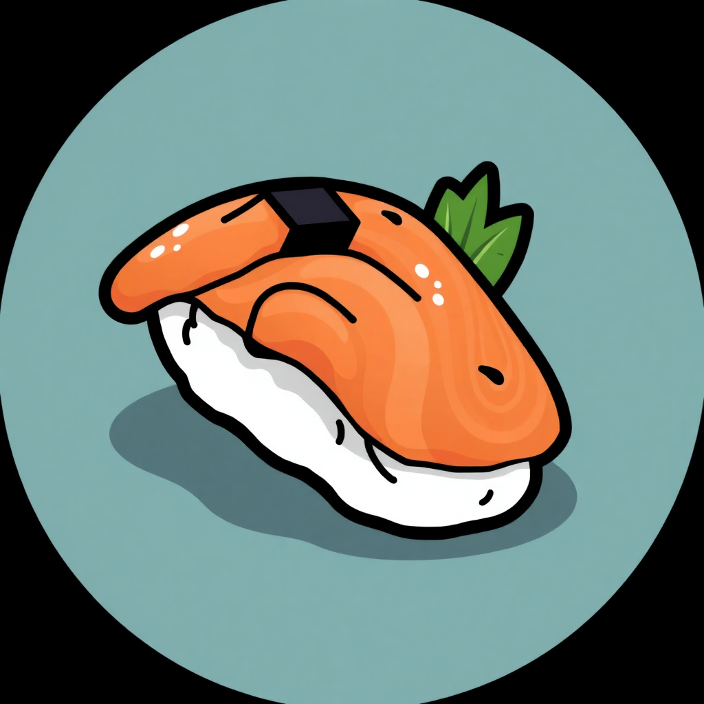 The image shows an animated sushi roll on a blue plate with a black background. The sushi roll is composed of a variety of colors, including white, orange, and green.