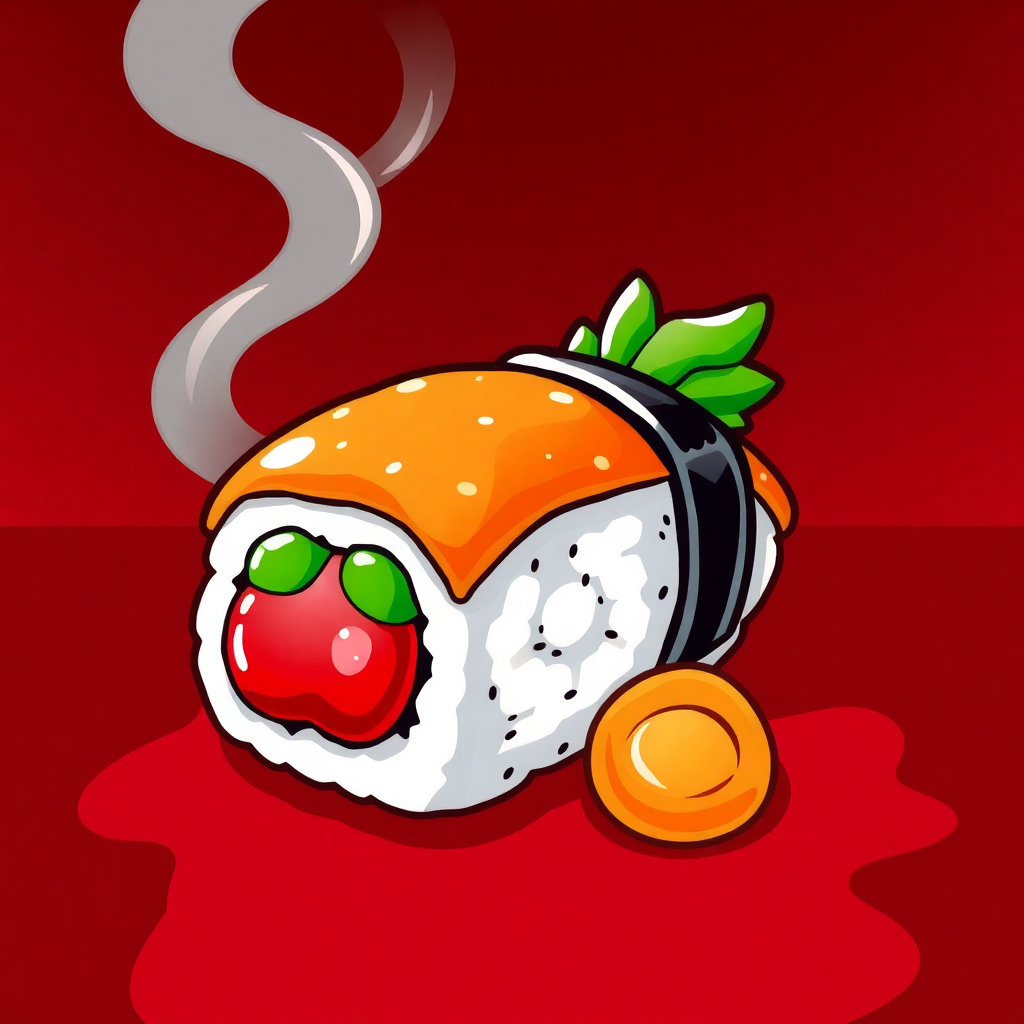 The image shows a sushi roll with smoke coming out of it on a red background. The sushi roll is animated, giving it a lively and vibrant look.