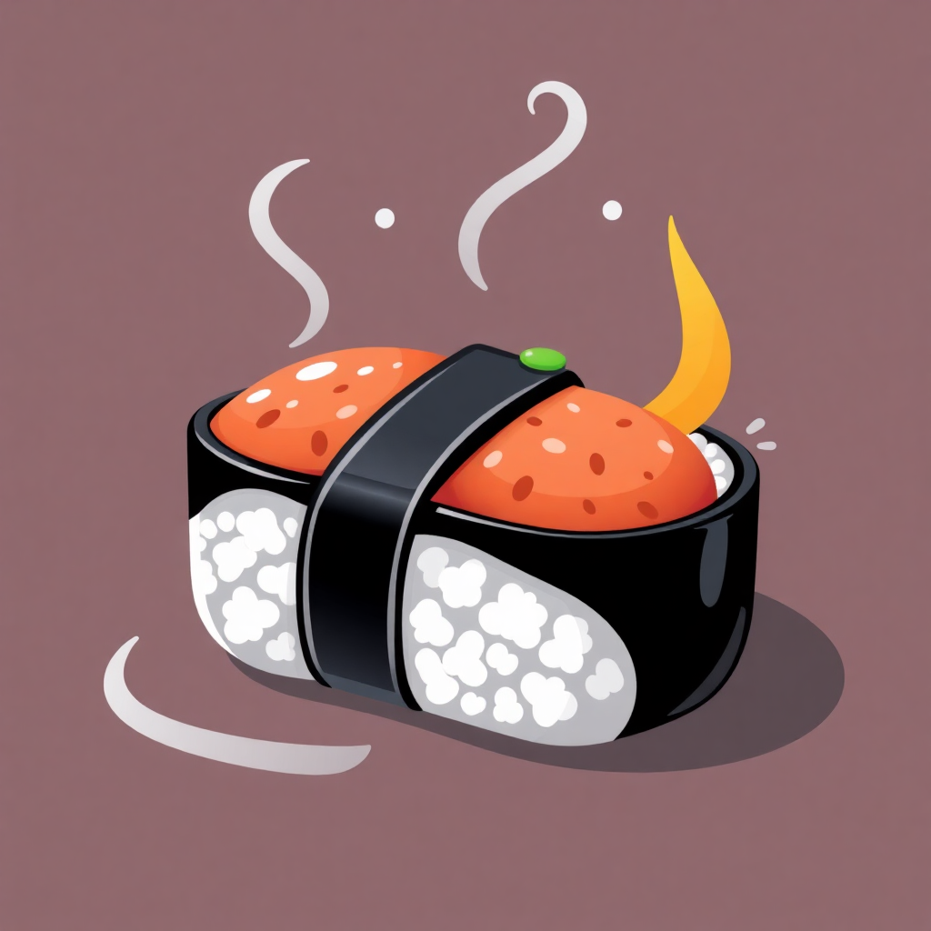 The image shows an animated sushi roll with smoke coming out of it, set against a brown background.